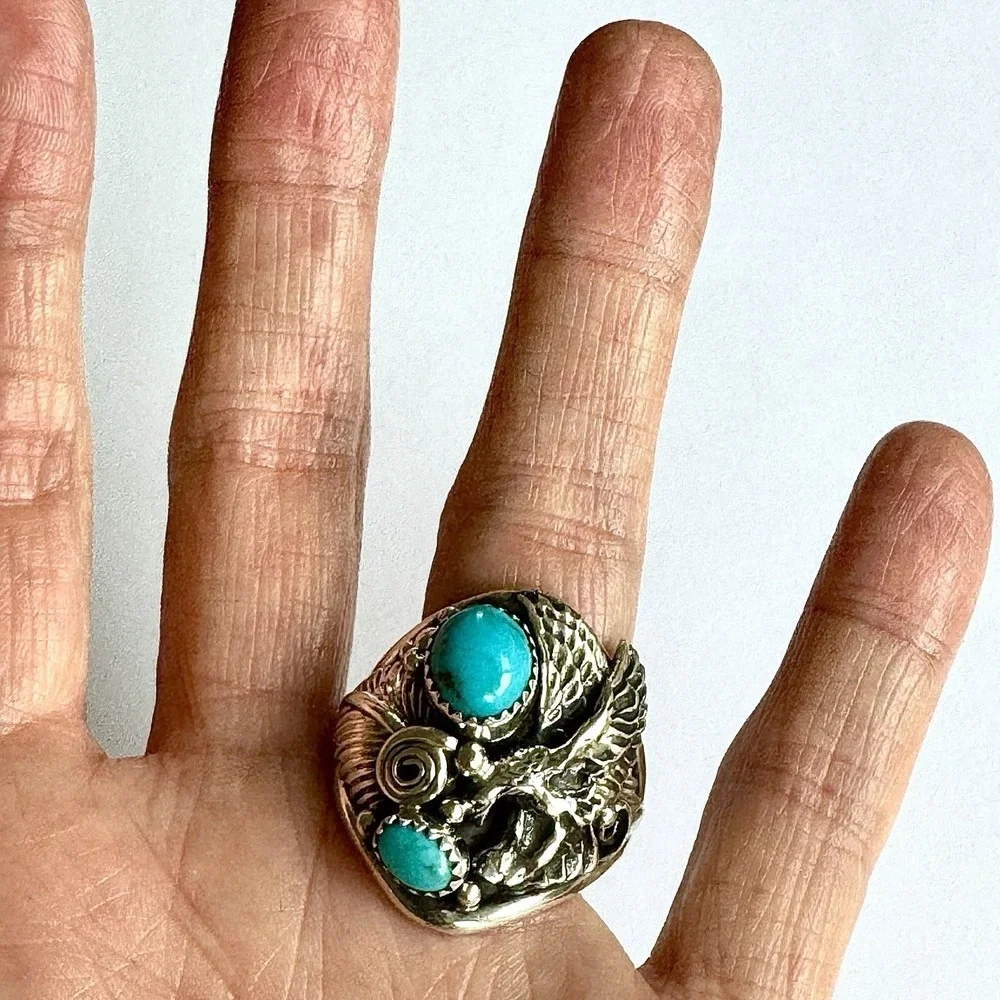 Navajo Eagle Mens Ring Turquoise Sz 14 Signed DM Sterling Native American USA